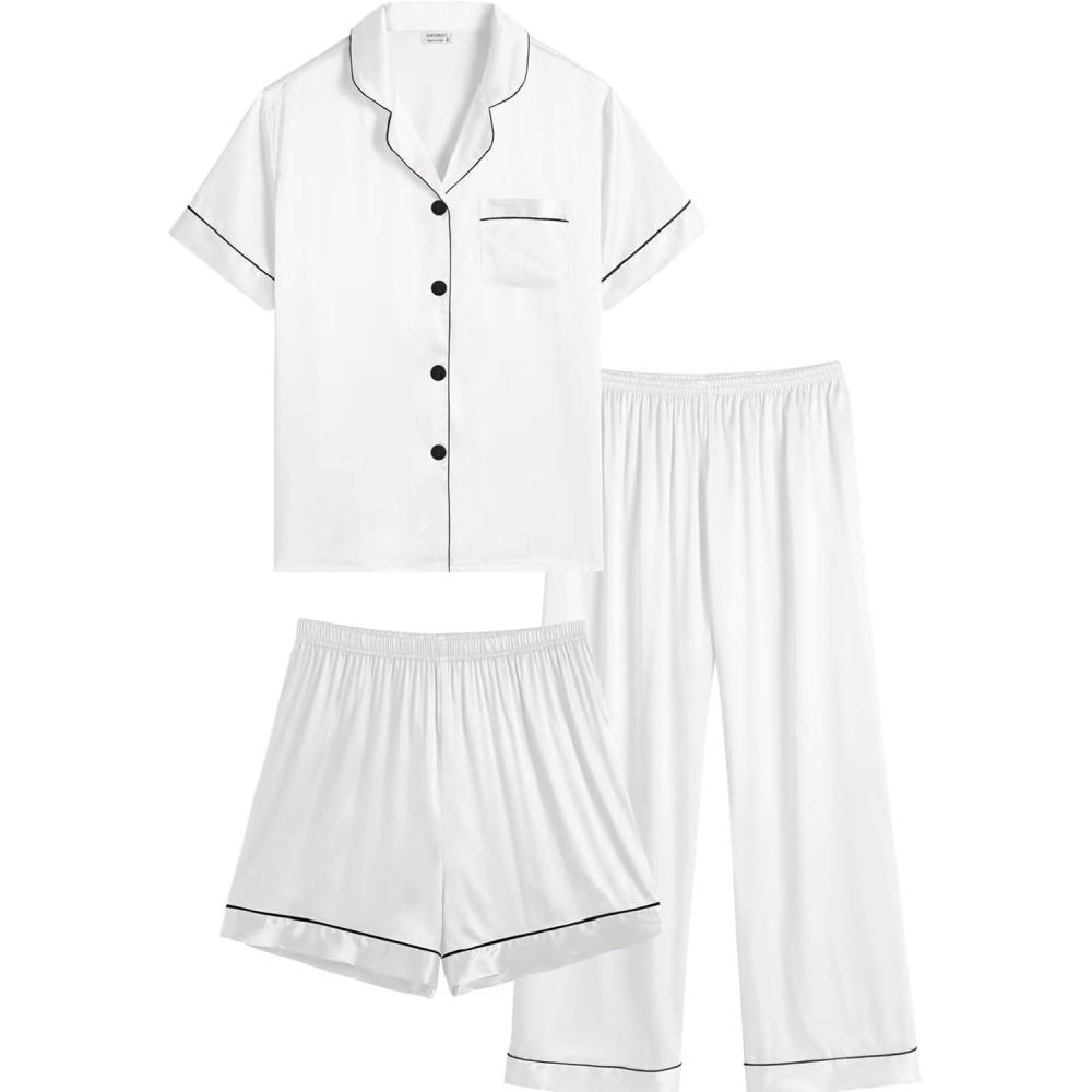 imageSWOMOG Kids Silk Pajamas 3 Piece Girls Boys Satin Pajamas Set ButtonDown PJs Set Soft Loungewear Short Sleeve SleepwearWhite