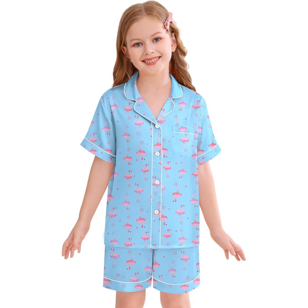 imageSWOMOG Kids Silky Satin Pajamas Set Girls Boys ButtonDown Sleepwear Short Sleeve 2 Piece PJs Sets Lounge SetsBlue Flamingo