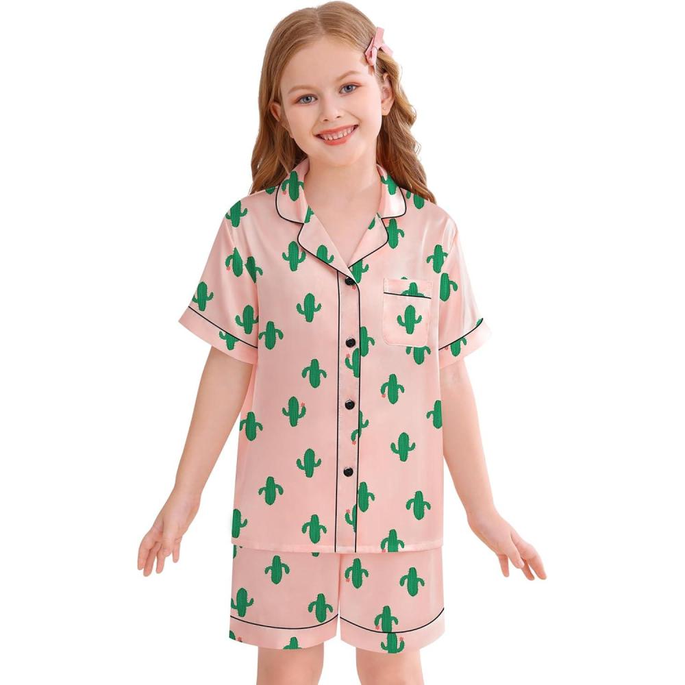 imageSWOMOG Kids Silky Satin Pajamas Set Girls Boys ButtonDown Sleepwear Short Sleeve 2 Piece PJs Sets Lounge SetsCactus Pink