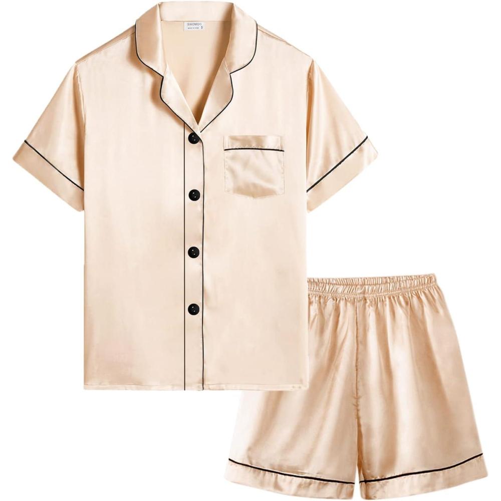 imageSWOMOG Kids Silky Satin Pajamas Set Girls Boys ButtonDown Sleepwear Short Sleeve 2 Piece PJs Sets Lounge SetsChampagne