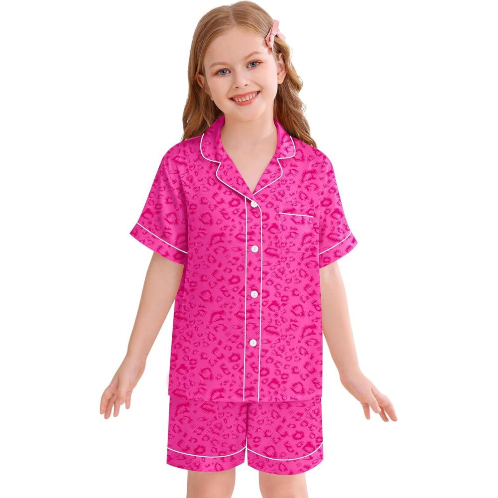 imageSWOMOG Kids Silky Satin Pajamas Set Girls Boys ButtonDown Sleepwear Short Sleeve 2 Piece PJs Sets Lounge SetsHot Pink Leopard