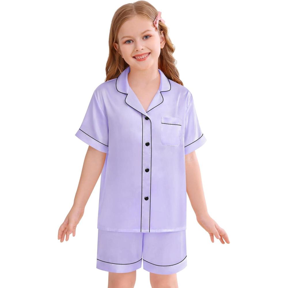 imageSWOMOG Kids Silky Satin Pajamas Set Girls Boys ButtonDown Sleepwear Short Sleeve 2 Piece PJs Sets Lounge SetsLavender