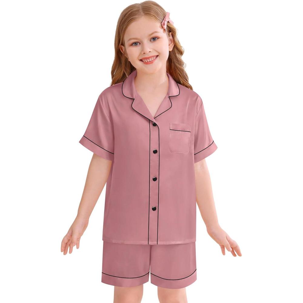 imageSWOMOG Kids Silky Satin Pajamas Set Girls Boys ButtonDown Sleepwear Short Sleeve 2 Piece PJs Sets Lounge SetsMisty Rose