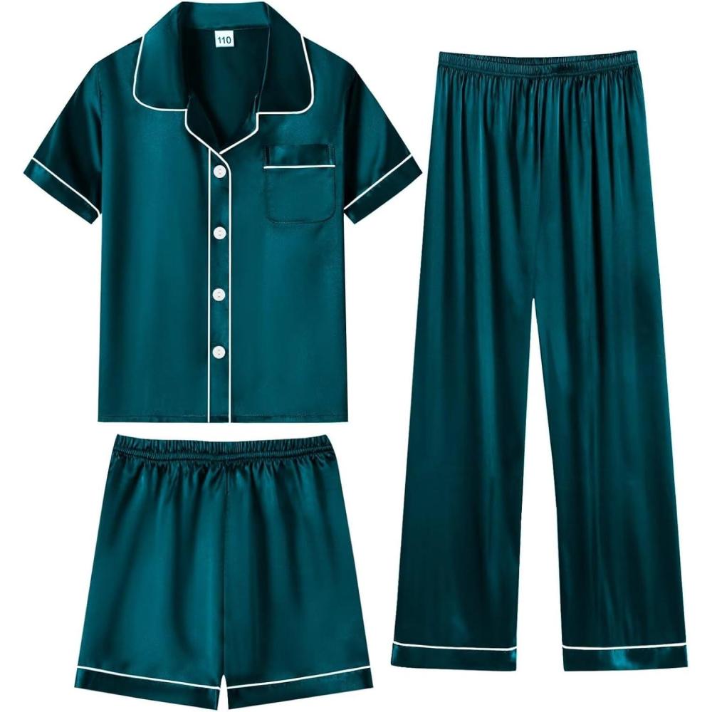 imageSWOMOG Kids Silky Satin Pajamas Set Girls Boys ButtonDown Sleepwear Short Sleeve 2 Piece PJs Sets Lounge SetsZ Deep Green 3pcs