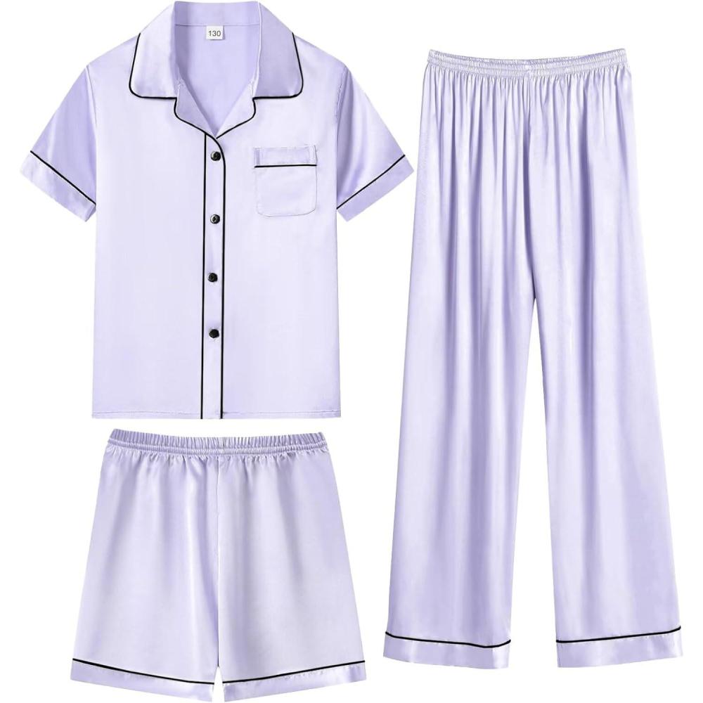 imageSWOMOG Kids Silky Satin Pajamas Set Girls Boys ButtonDown Sleepwear Short Sleeve 2 Piece PJs Sets Lounge SetsZ Lavender 3pcs