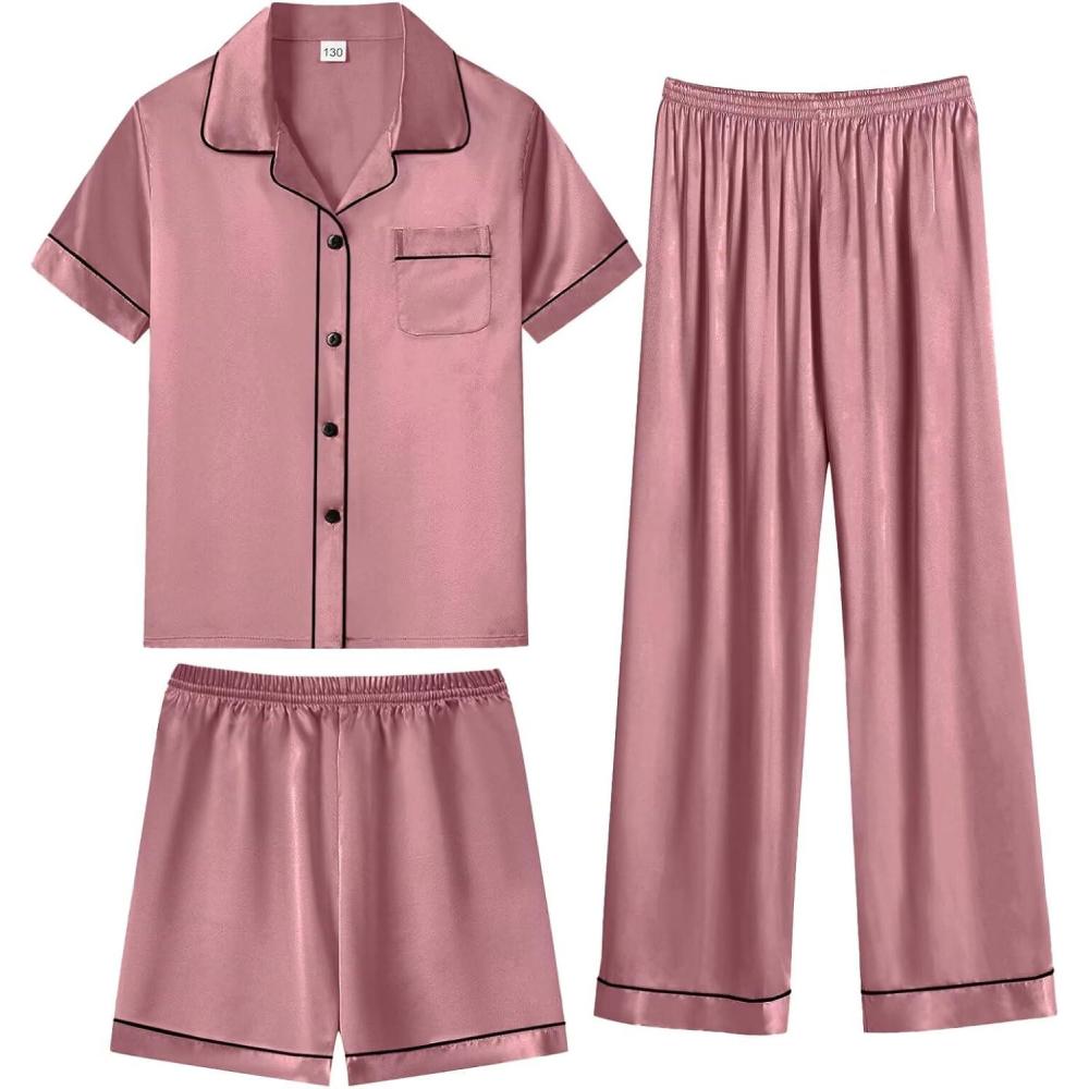 imageSWOMOG Kids Silky Satin Pajamas Set Girls Boys ButtonDown Sleepwear Short Sleeve 2 Piece PJs Sets Lounge SetsZ Misty Rose 3pcs