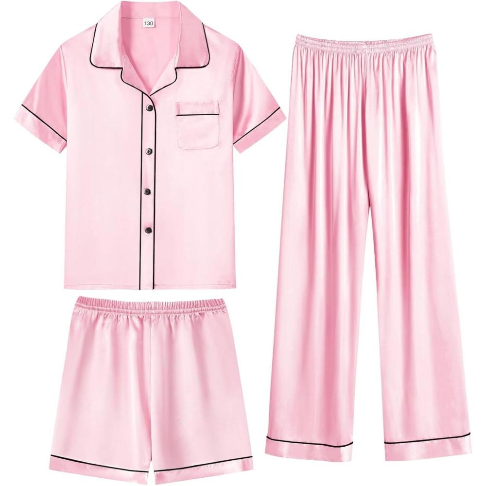 imageSWOMOG Kids Silky Satin Pajamas Set Girls Boys ButtonDown Sleepwear Short Sleeve 2 Piece PJs Sets Lounge SetsZ Pink 3pcs