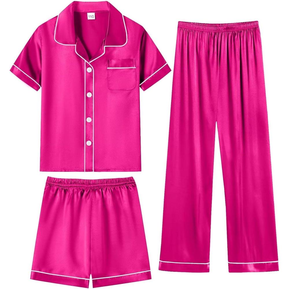 imageSWOMOG Kids Silky Satin Pajamas Set Girls Boys ButtonDown Sleepwear Short Sleeve 2 Piece PJs Sets Lounge SetsZ Rose Red 3pcs
