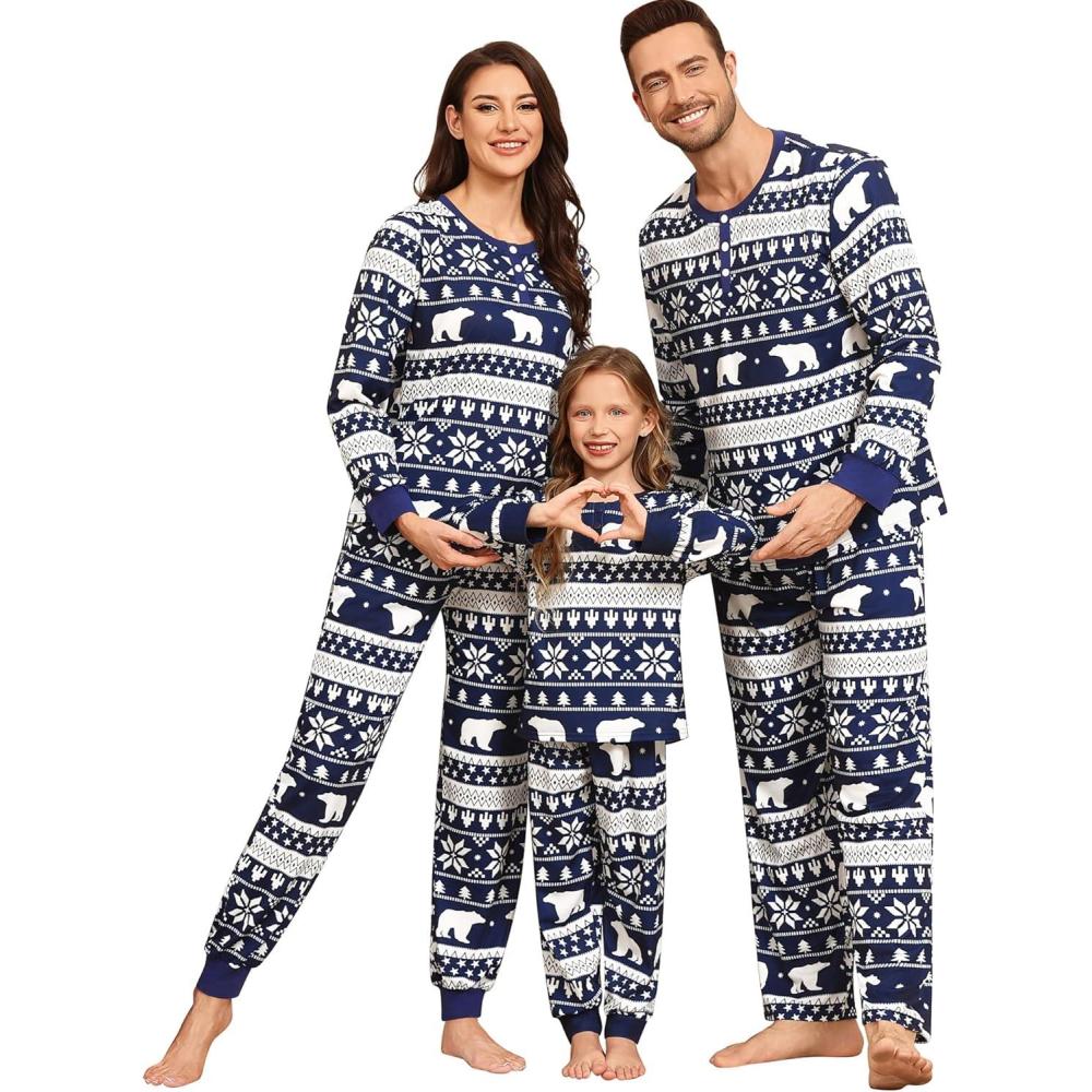 imageSWOMOG Matching Family Pajama Set Long Sleeve Christmas Pajama Button Down Holiday Sleepwear SetBlue Snowman