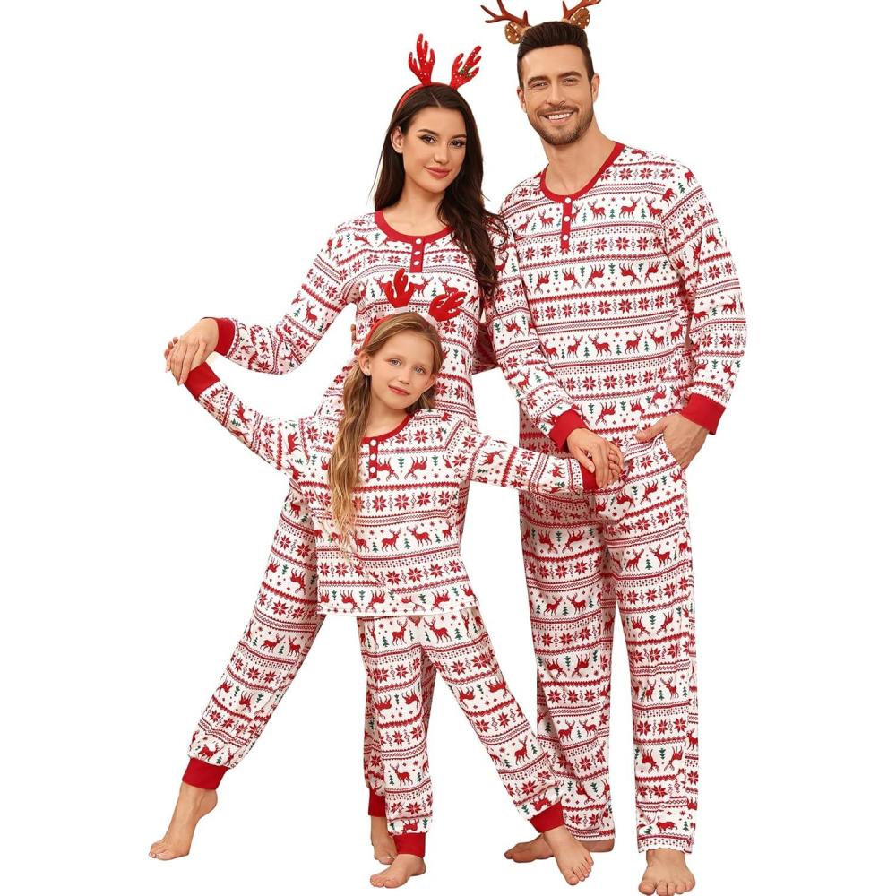 imageSWOMOG Matching Family Pajama Set Long Sleeve Christmas Pajama Button Down Holiday Sleepwear SetFlower Deer