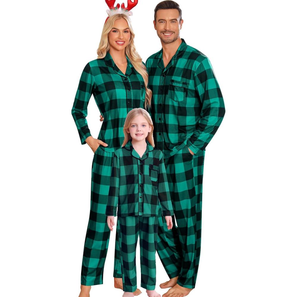 imageSWOMOG Matching Family Pajama Set Long Sleeve Christmas Pajama Button Down Holiday Sleepwear SetGreen Plaid