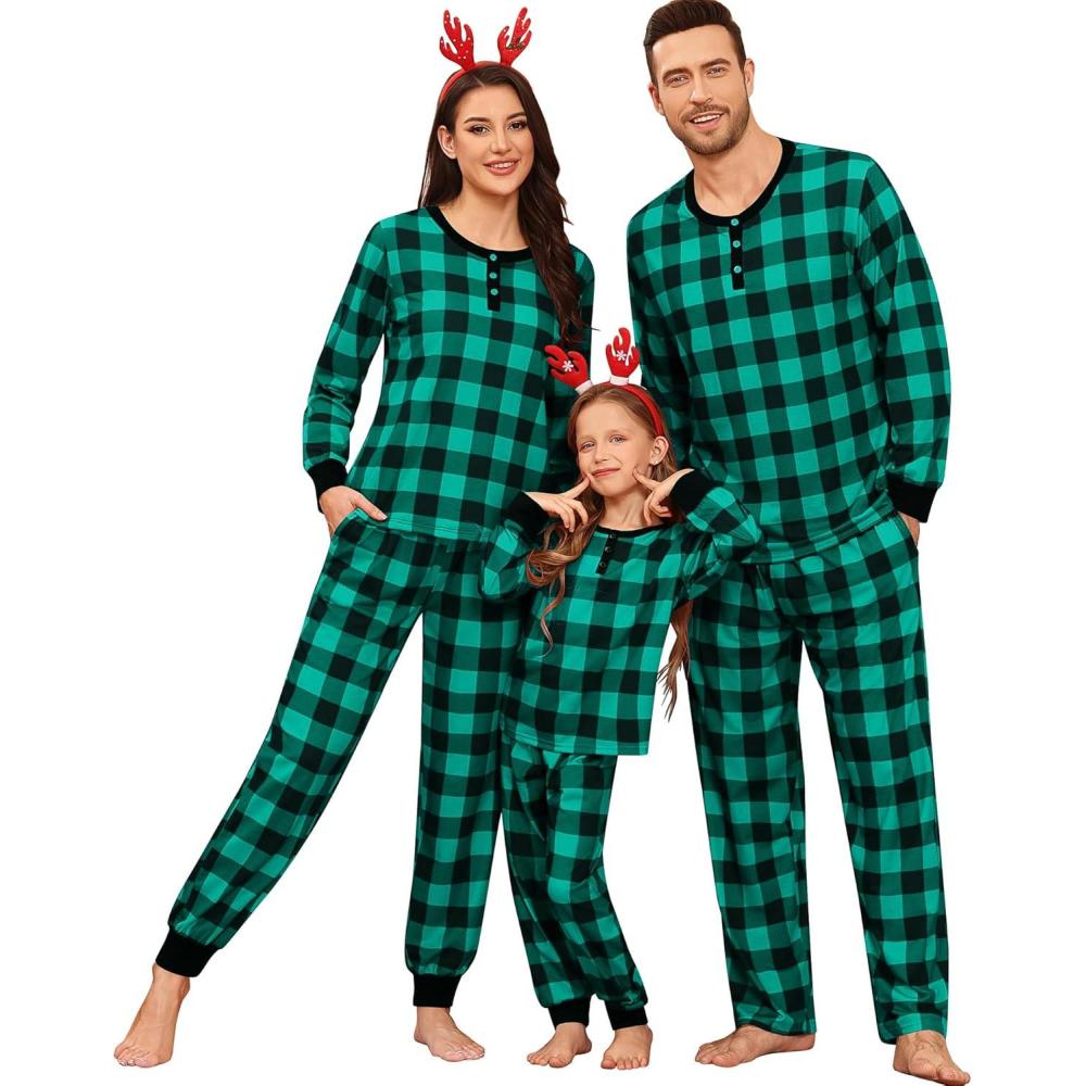 imageSWOMOG Matching Family Pajama Set Long Sleeve Christmas Pajama Button Down Holiday Sleepwear SetGreenplaid