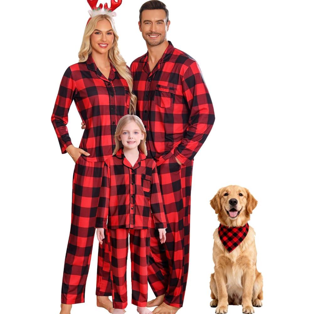 imageSWOMOG Matching Family Pajama Set Long Sleeve Christmas Pajama Button Down Holiday Sleepwear SetRed Plaid