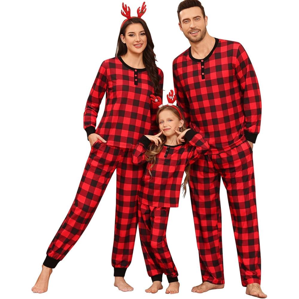 imageSWOMOG Matching Family Pajama Set Long Sleeve Christmas Pajama Button Down Holiday Sleepwear SetRedplaid
