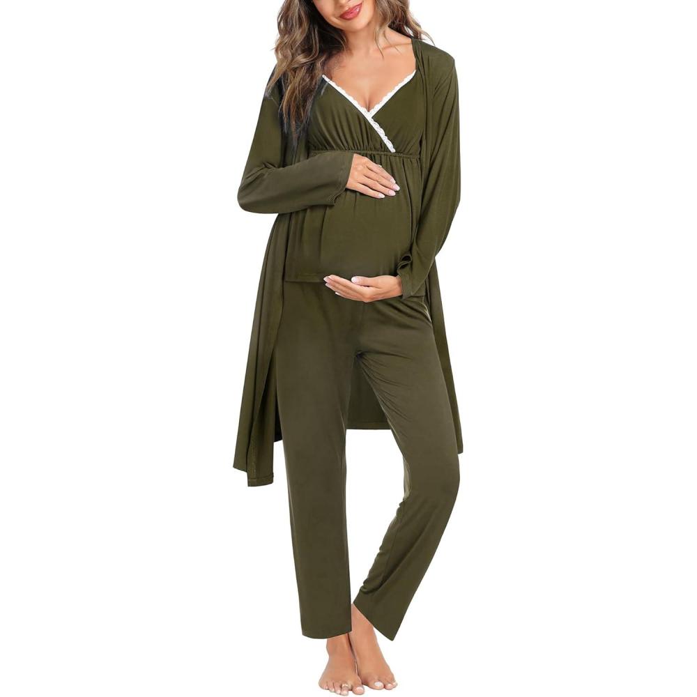 imageSWOMOG Maternity Nursing Robe Set 3 Piece Breastfeeding Pajamas 3 in 1 Labor Delivery Sleevless TopsampLong Pants Pregnancy PjsArmy Green