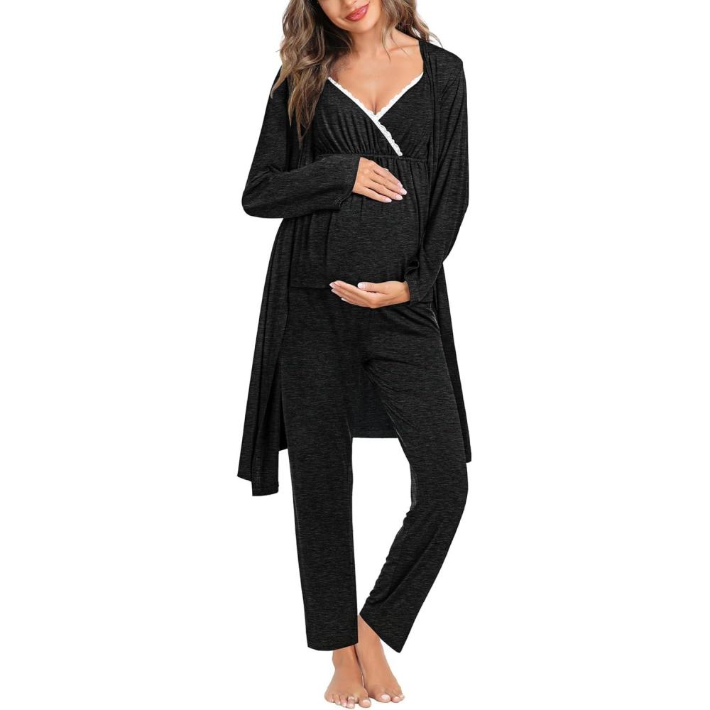 imageSWOMOG Maternity Nursing Robe Set 3 Piece Breastfeeding Pajamas 3 in 1 Labor Delivery Sleevless TopsampLong Pants Pregnancy PjsBlack Grey