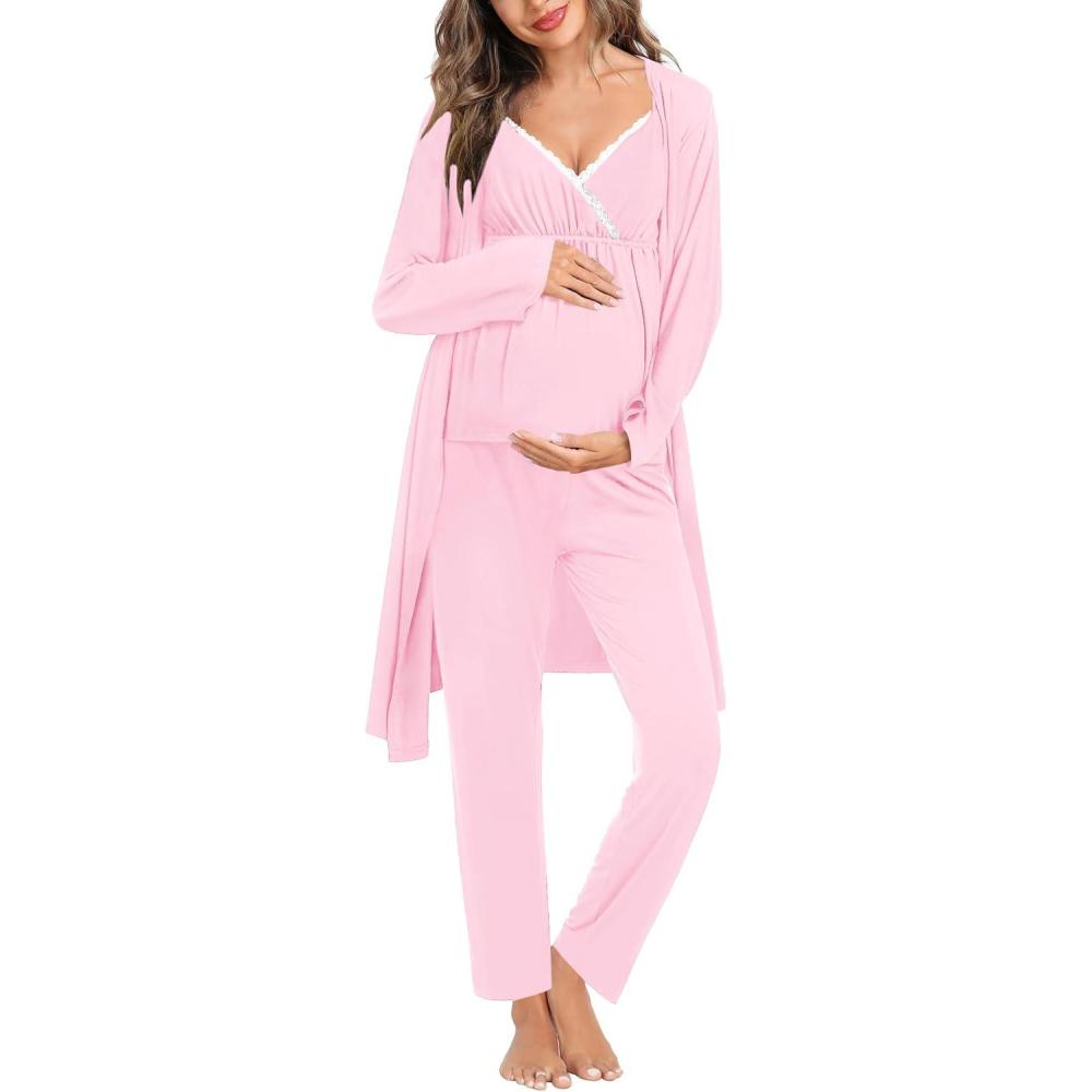 imageSWOMOG Maternity Nursing Robe Set 3 Piece Breastfeeding Pajamas 3 in 1 Labor Delivery Sleevless TopsampLong Pants Pregnancy PjsPink