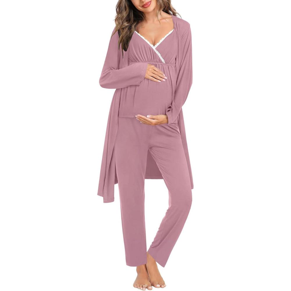 imageSWOMOG Maternity Nursing Robe Set 3 Piece Breastfeeding Pajamas 3 in 1 Labor Delivery Sleevless TopsampLong Pants Pregnancy PjsTaro Purple
