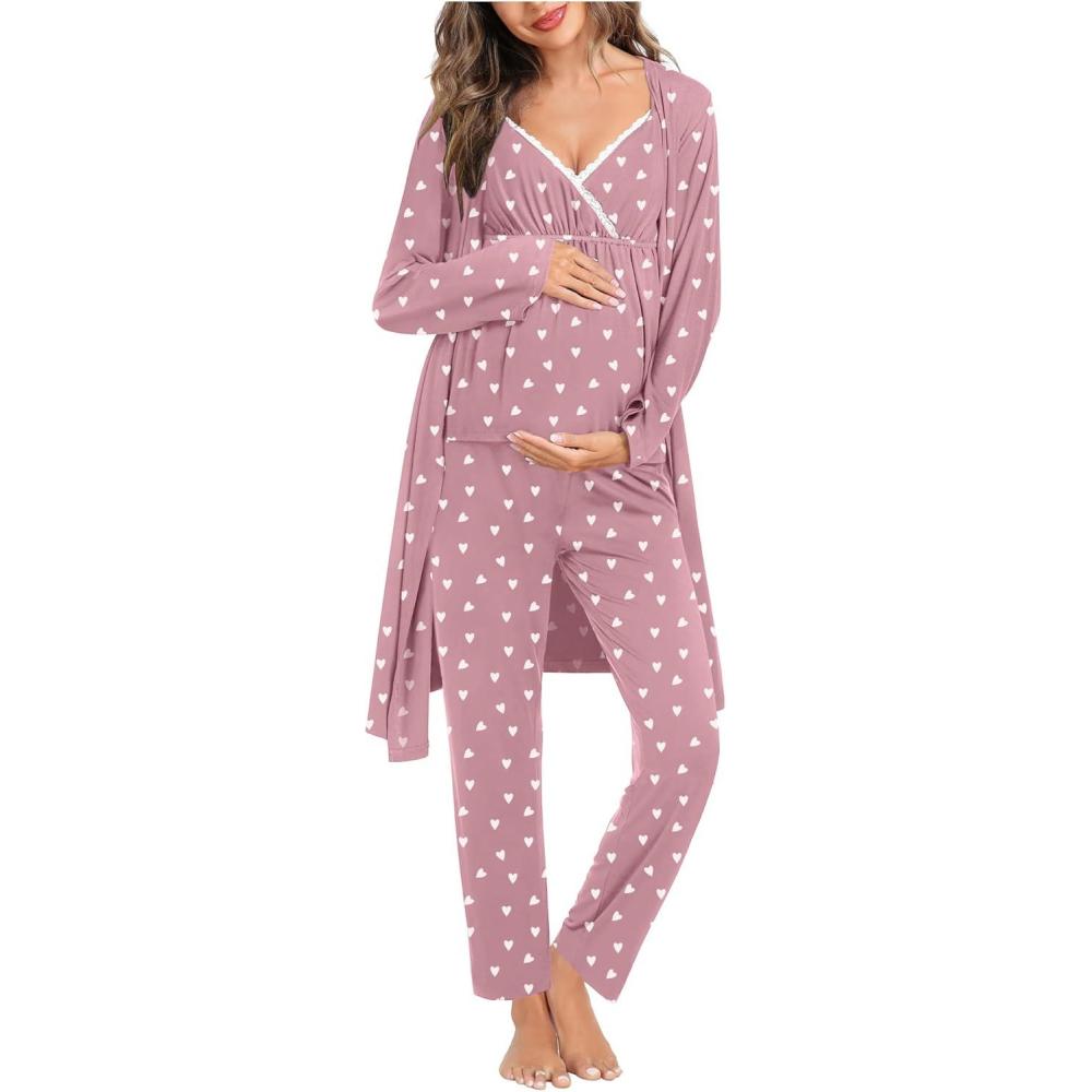 imageSWOMOG Maternity Nursing Robe Set 3 Piece Breastfeeding Pajamas 3 in 1 Labor Delivery Sleevless TopsampLong Pants Pregnancy PjsTaro Purple Heart