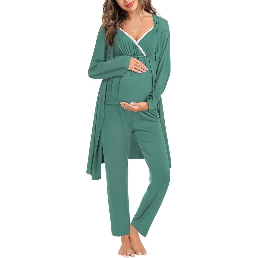 imageSWOMOG Maternity Nursing Robe Set 3 Piece Breastfeeding Pajamas 3 in 1 Labor Delivery Sleevless TopsampLong Pants Pregnancy PjsTeal Green