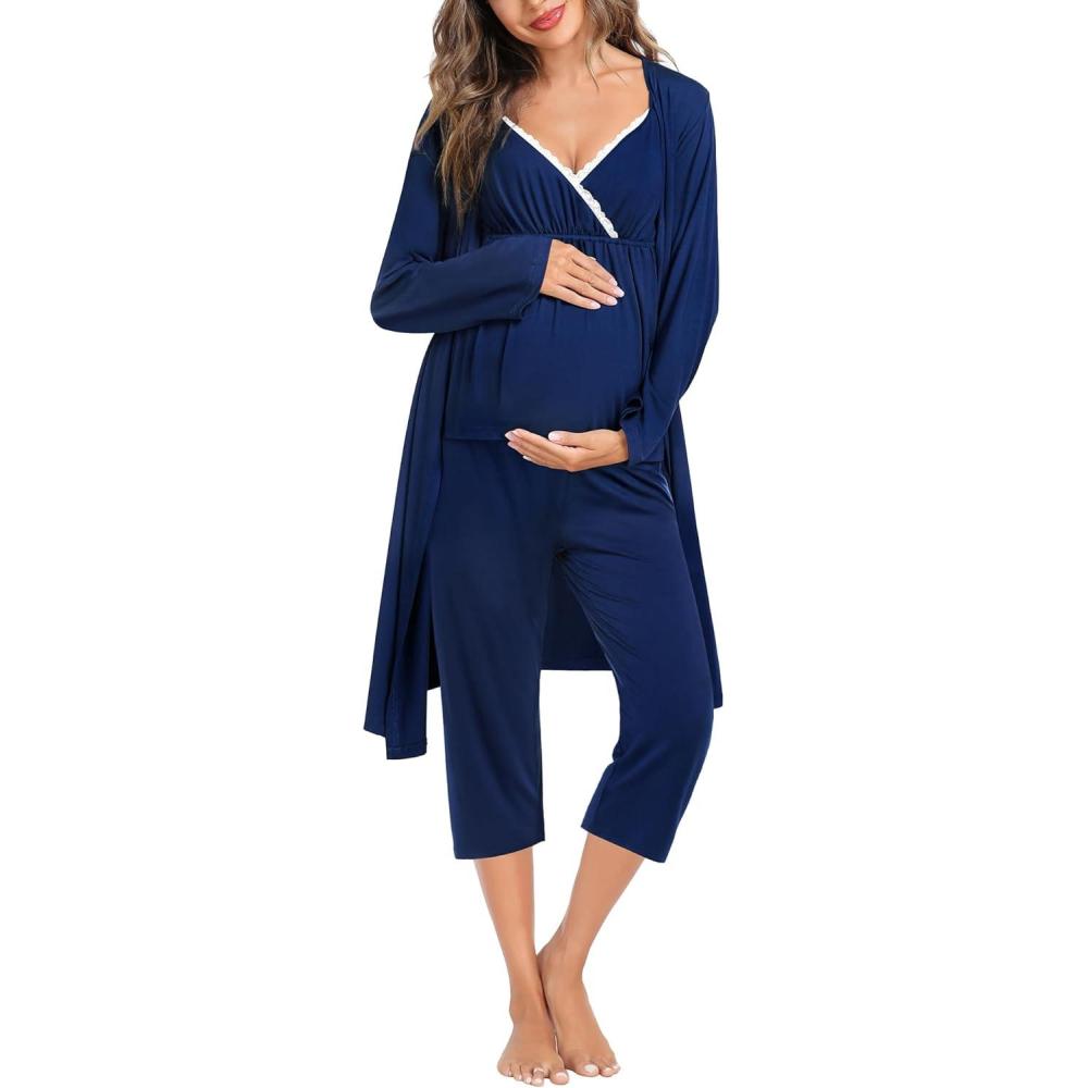 imageSWOMOG Maternity Nursing Robe Set 3 Piece Breastfeeding Pajamas 3 in 1 Labor Delivery Sleevless TopsampLong Pants Pregnancy PjsZ Capriberry Blue