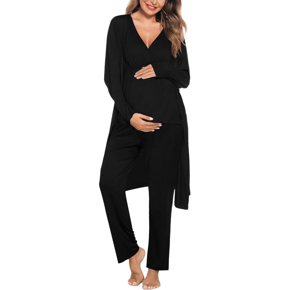 imageSWOMOG Maternity Nursing Robe Set 3 Piece Postpartum Breastfeeding Pajamas 3 in 1 Hospital Labor Delivery Pregnancy PjsBlackpants