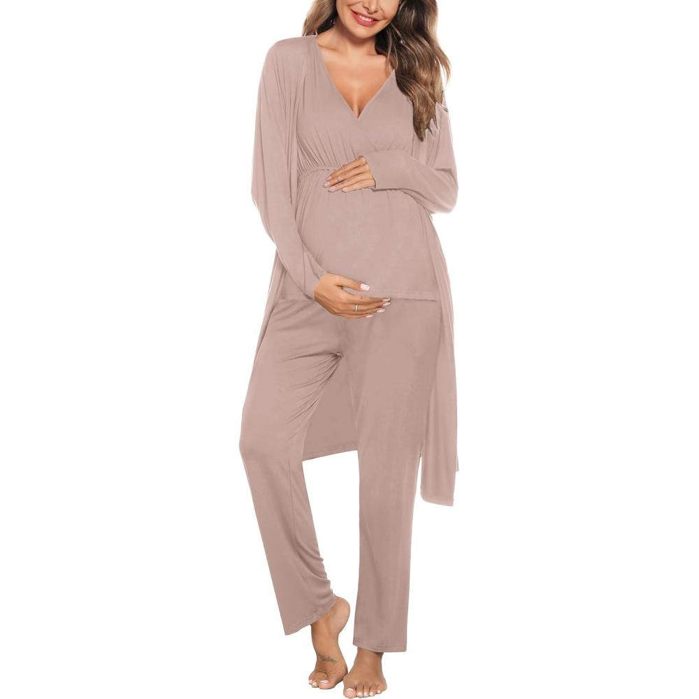 imageSWOMOG Maternity Nursing Robe Set 3 Piece Postpartum Breastfeeding Pajamas 3 in 1 Hospital Labor Delivery Pregnancy PjsLight Brownpants