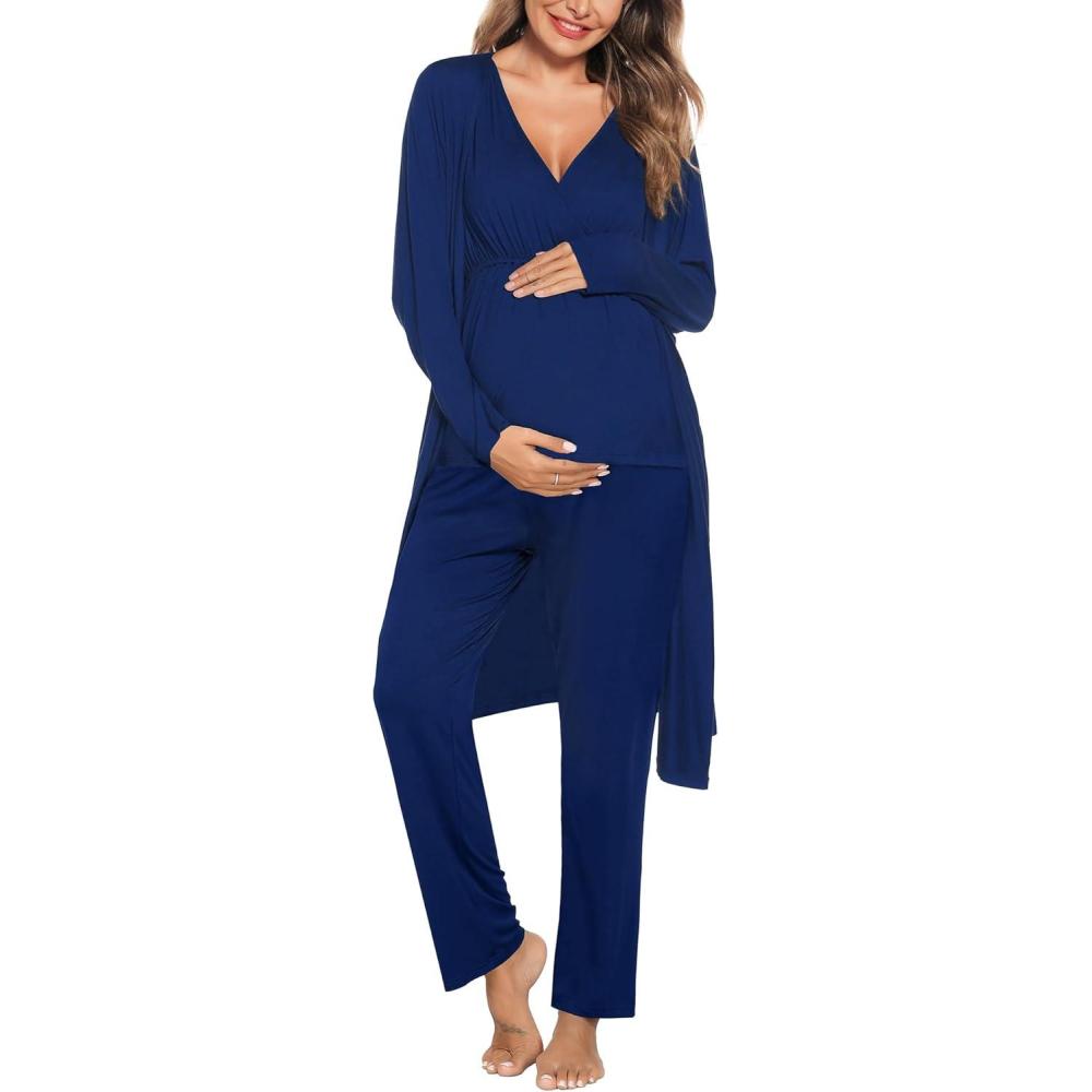 imageSWOMOG Maternity Nursing Robe Set 3 Piece Postpartum Breastfeeding Pajamas 3 in 1 Hospital Labor Delivery Pregnancy PjsNavy Bluepants