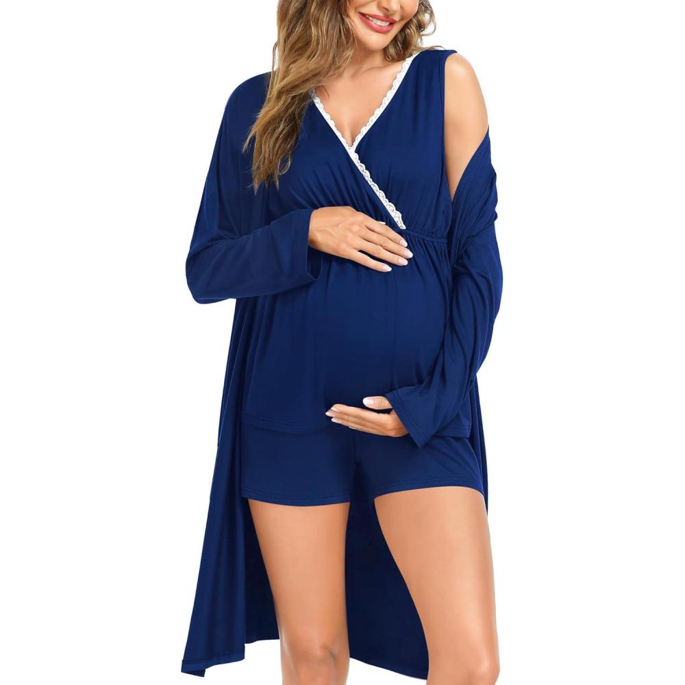 imageSWOMOG Maternity Nursing Robe Set 3 Piece Postpartum Breastfeeding Pajamas 3 in 1 Hospital Labor Delivery Pregnancy PjsNavy Blueshorts