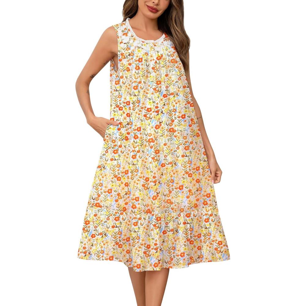imageSWOMOG Nightgowns for Women Soft Sleeveless Nightdress with Pockets Ruffle Ladies SleepshirtsStylea Orange Flower