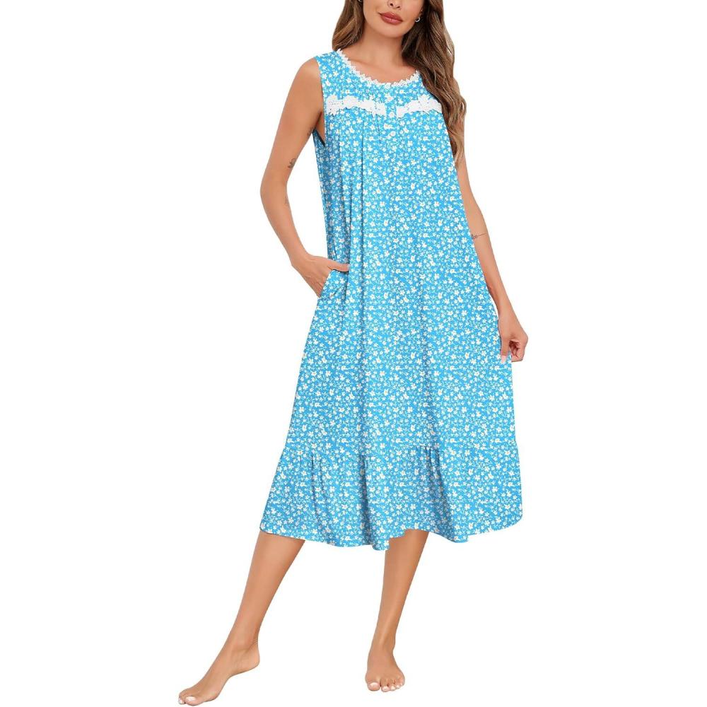 imageSWOMOG Nightgowns for Women Soft Sleeveless Nightdress with Pockets Ruffle Ladies SleepshirtsStyleb Blueleaves Flower