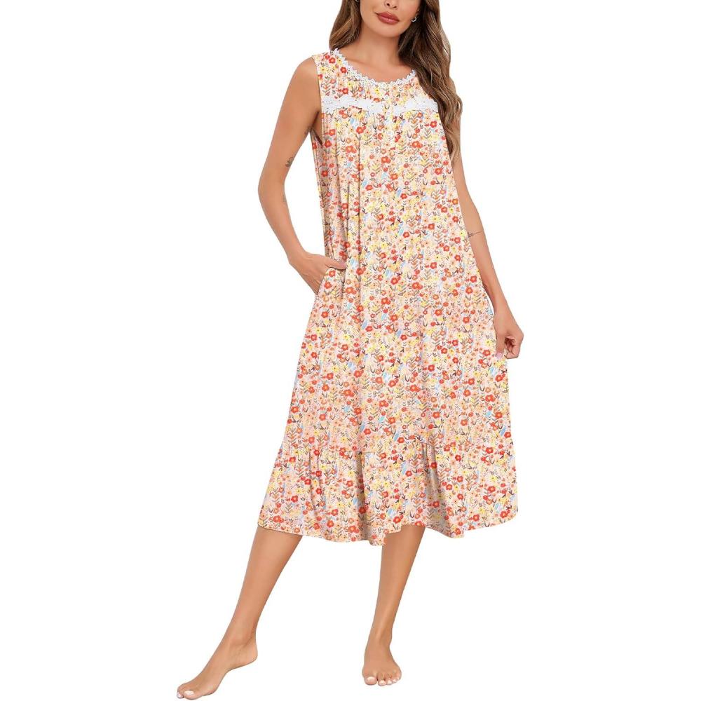 imageSWOMOG Nightgowns for Women Soft Sleeveless Nightdress with Pockets Ruffle Ladies SleepshirtsStyleb Orange Flower