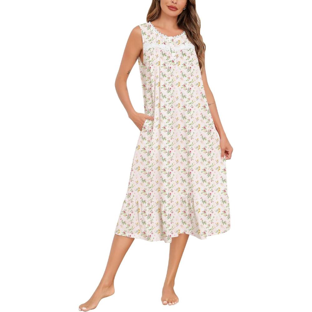 imageSWOMOG Nightgowns for Women Soft Sleeveless Nightdress with Pockets Ruffle Ladies SleepshirtsStyleb White Floral