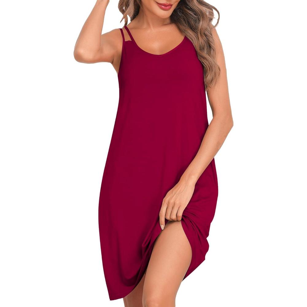 imageSWOMOG Nightgowns for Women Soft Sleeveless Nightdress with Pockets Ruffle Ladies SleepshirtsStyled Wine Red