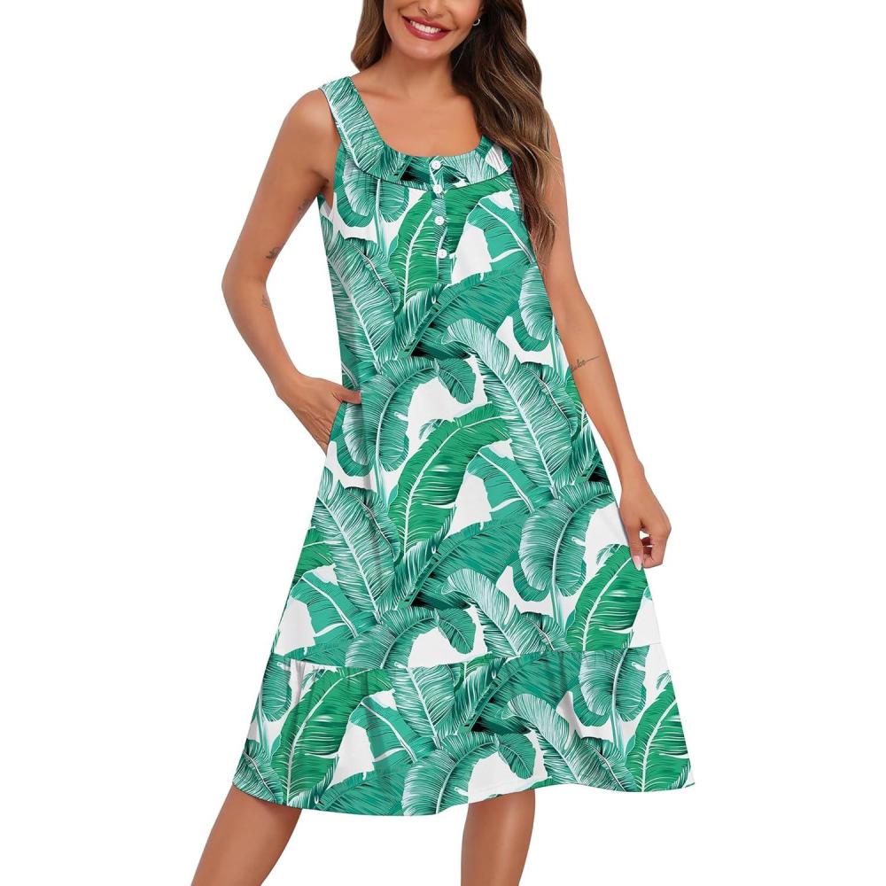 imageSWOMOG Nightgowns for Women Soft Sleeveless Nightdress with Pockets Ruffle Ladies SleepshirtsStylef White Leaves