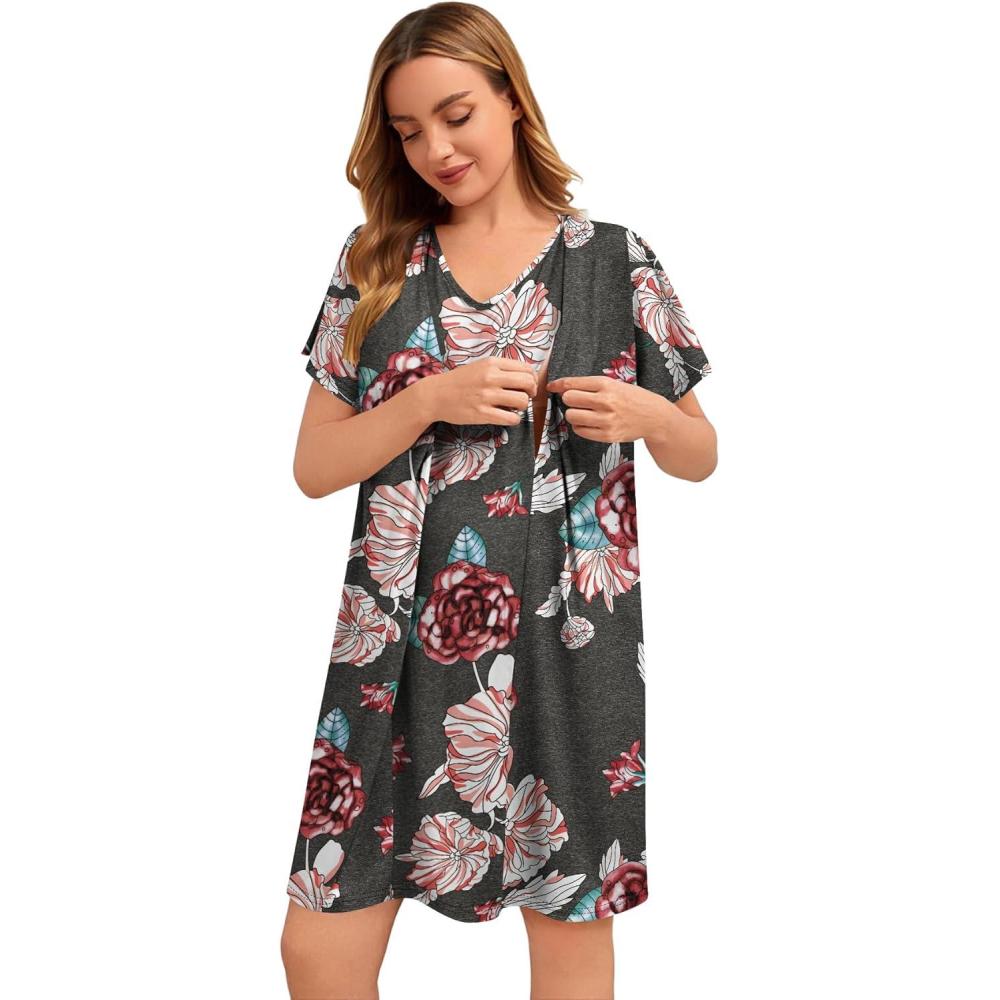 imageSWOMOG Nursing Nightgown 3 in 1 Labor and Delivery Hospital Gown Maternity Dress Short Sleeve Birthing Robe for BreastfeedingDark Grey Flower