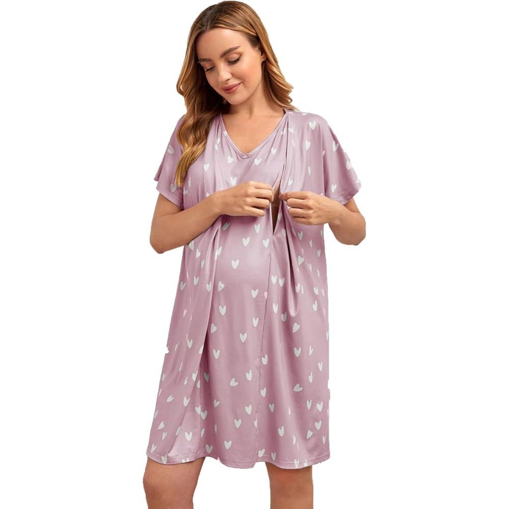imageSWOMOG Nursing Nightgown 3 in 1 Labor and Delivery Hospital Gown Maternity Dress Short Sleeve Birthing Robe for BreastfeedingLilac Purple Heart