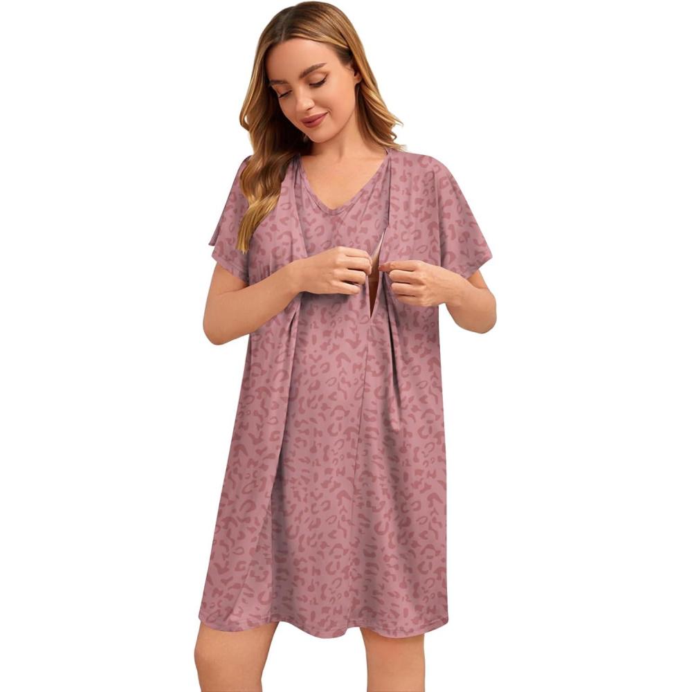 imageSWOMOG Nursing Nightgown 3 in 1 Labor and Delivery Hospital Gown Maternity Dress Short Sleeve Birthing Robe for BreastfeedingTaropurple Leopard