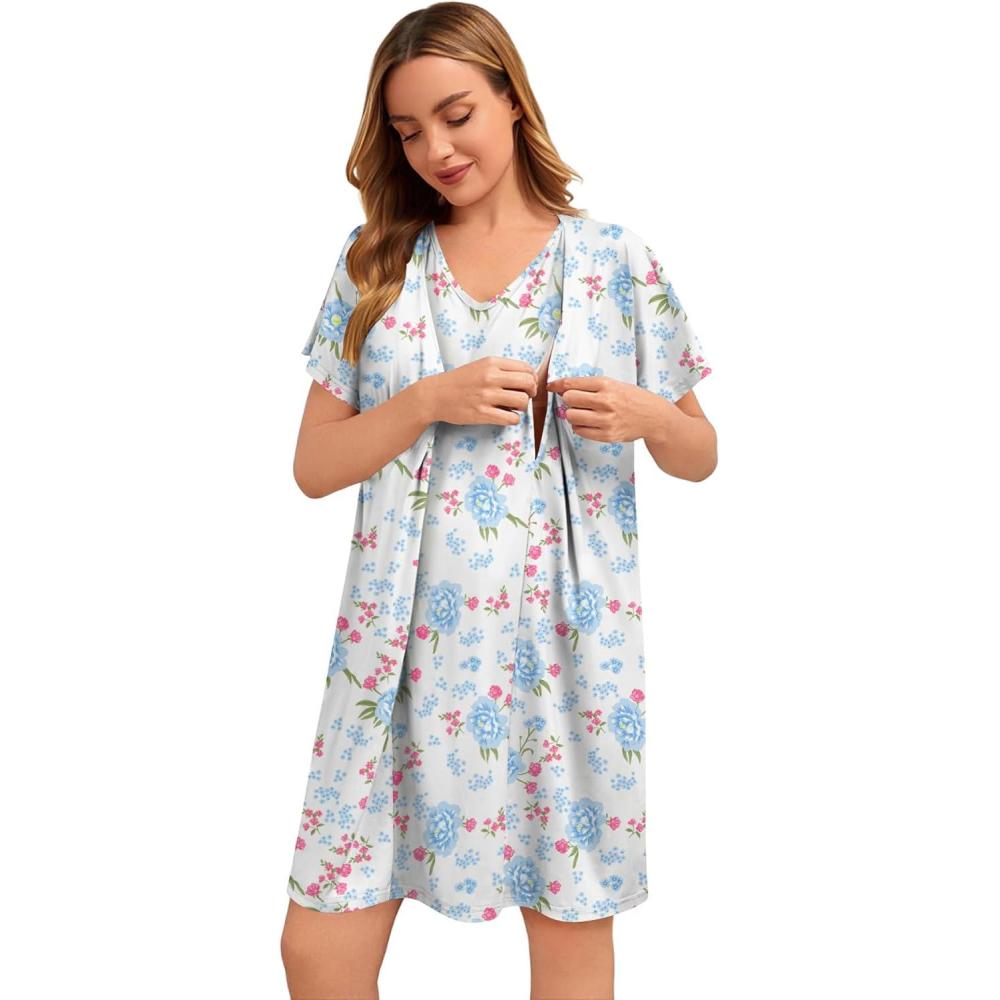 imageSWOMOG Nursing Nightgown 3 in 1 Labor and Delivery Hospital Gown Maternity Dress Short Sleeve Birthing Robe for BreastfeedingWhite Blue Flowers