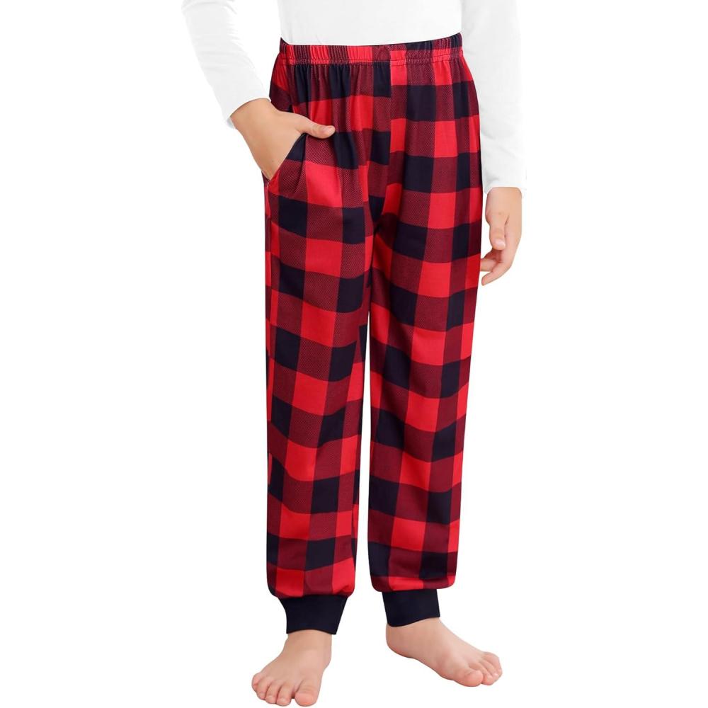imageSWOMOG Unisex Kids Plaid Pajama pants for Boys amp Girls Comfy Sleepwear Bottoms Lounge Jogger PJ Pants with PocketsBlack  Red Plaid
