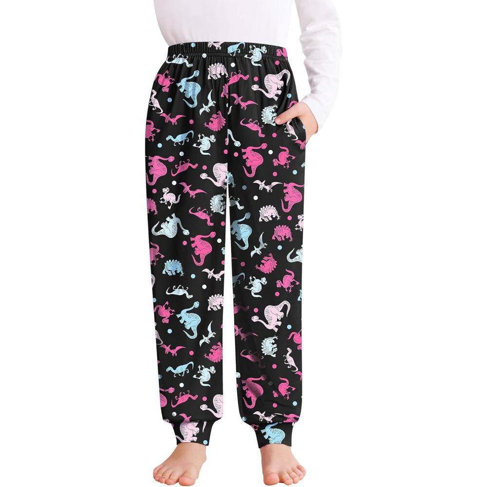 imageSWOMOG Unisex Kids Plaid Pajama pants for Boys amp Girls Comfy Sleepwear Bottoms Lounge Jogger PJ Pants with PocketsBlack Colorful Dinosaur