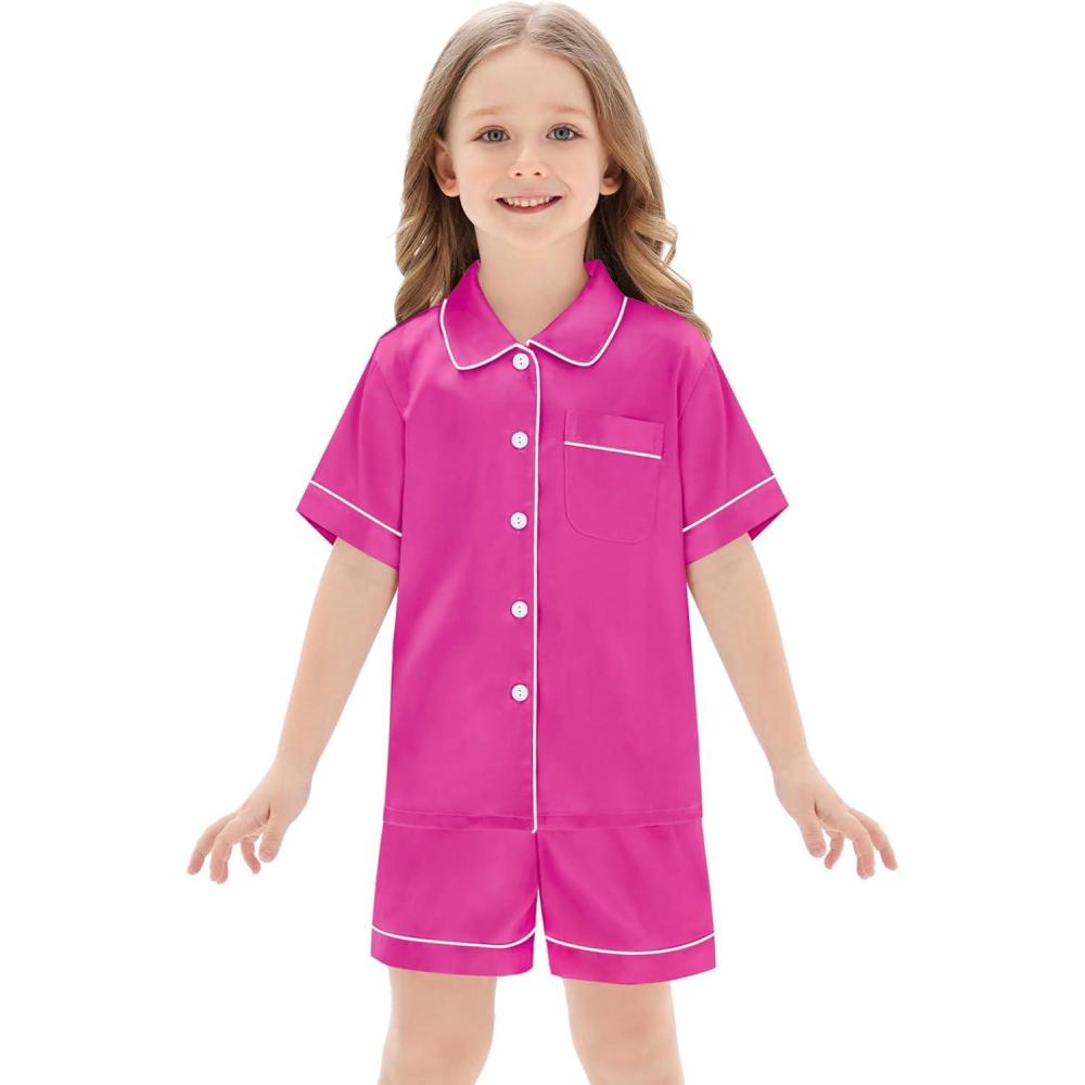 imageSWOMOG Unisex Kids Silk Satin Pajamas Sets Girls Boys Pjs Set ButtonDown Sleepwear Short Sleeve Nightwear 2 PieceRose