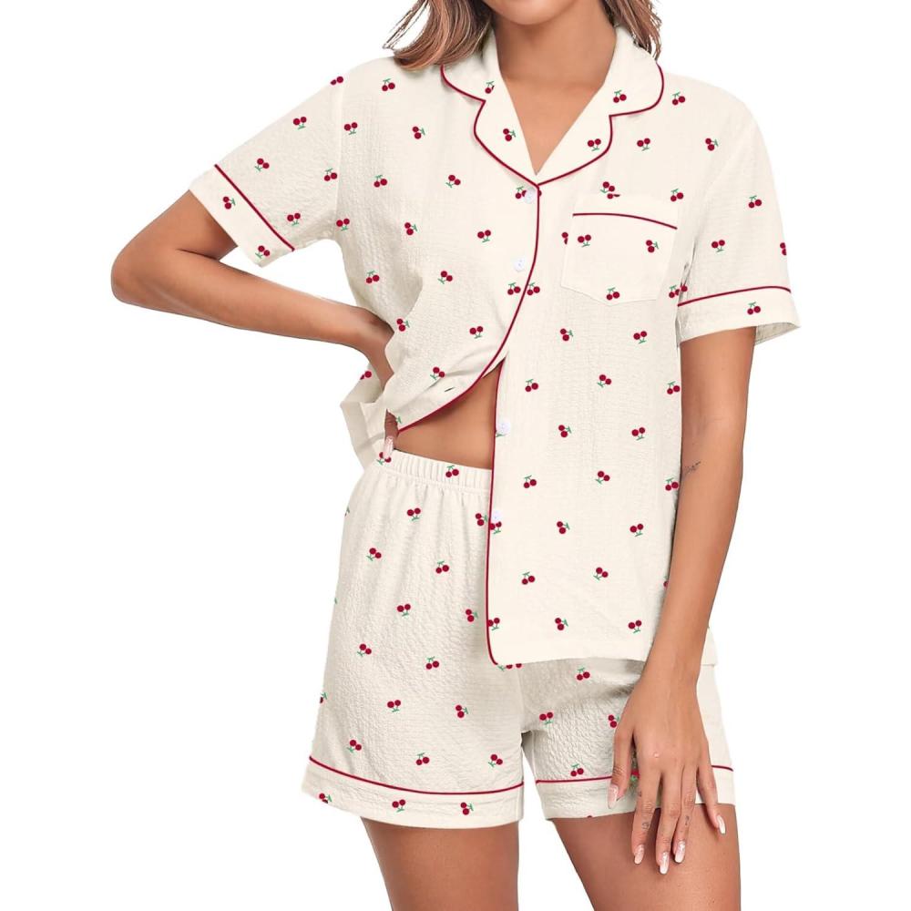 imageSWOMOG Women 2 Piece Pajamas Sets Short Sleeve Pj Sets Cute Printed Sleepwear Button Down Shirt with Lounge Shorts SetBeige Cherry