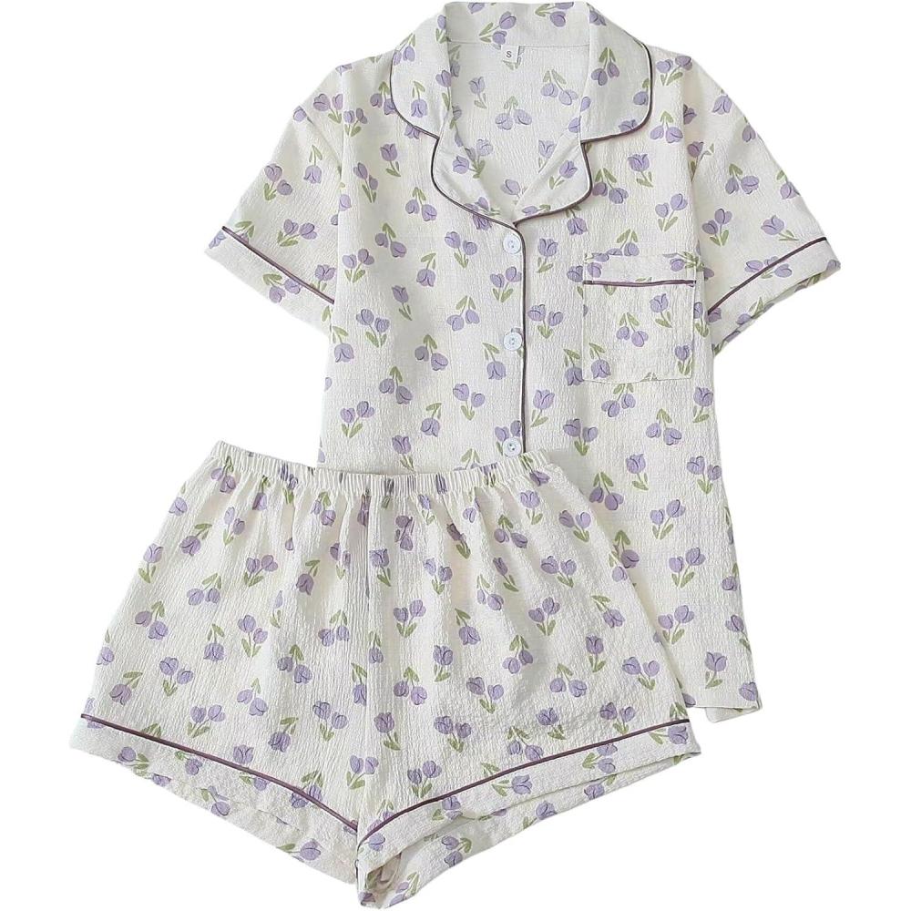 imageSWOMOG Women 2 Piece Pajamas Sets Short Sleeve Pj Sets Cute Printed Sleepwear Button Down Shirt with Lounge Shorts SetBeige Flower