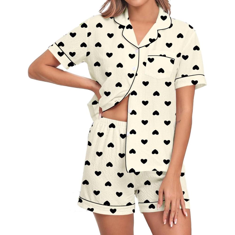 imageSWOMOG Women 2 Piece Pajamas Sets Short Sleeve Pj Sets Cute Printed Sleepwear Button Down Shirt with Lounge Shorts SetBeige Heart