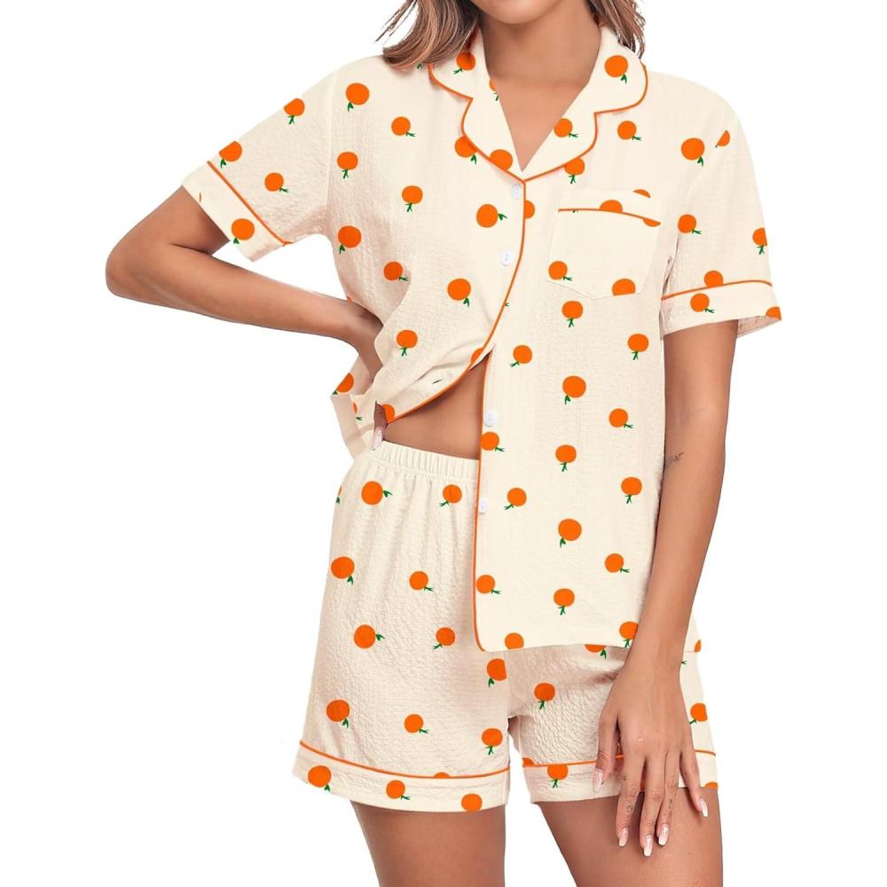 imageSWOMOG Women 2 Piece Pajamas Sets Short Sleeve Pj Sets Cute Printed Sleepwear Button Down Shirt with Lounge Shorts SetBeige Orange