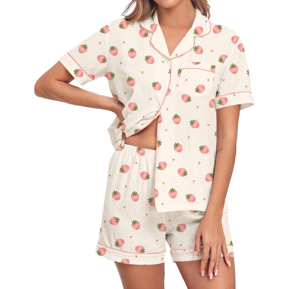 imageSWOMOG Women 2 Piece Pajamas Sets Short Sleeve Pj Sets Cute Printed Sleepwear Button Down Shirt with Lounge Shorts SetBeige Strawberry
