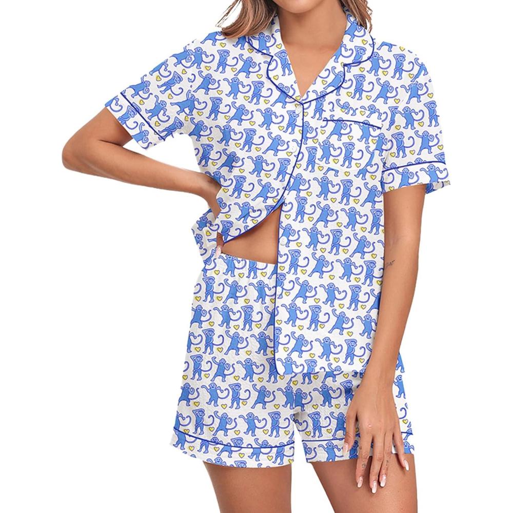 imageSWOMOG Women 2 Piece Pajamas Sets Short Sleeve Pj Sets Cute Printed Sleepwear Button Down Shirt with Lounge Shorts SetBlue Monkey