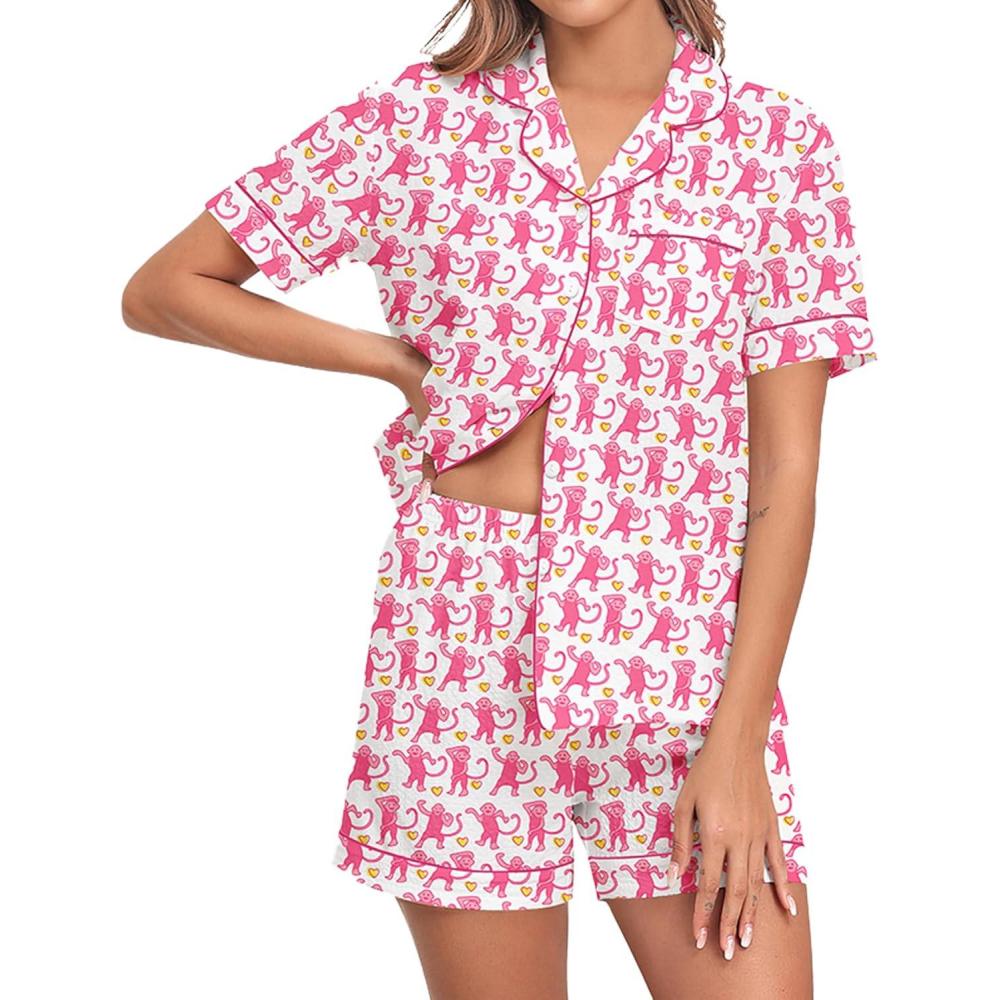 imageSWOMOG Women 2 Piece Pajamas Sets Short Sleeve Pj Sets Cute Printed Sleepwear Button Down Shirt with Lounge Shorts SetPink Monkey