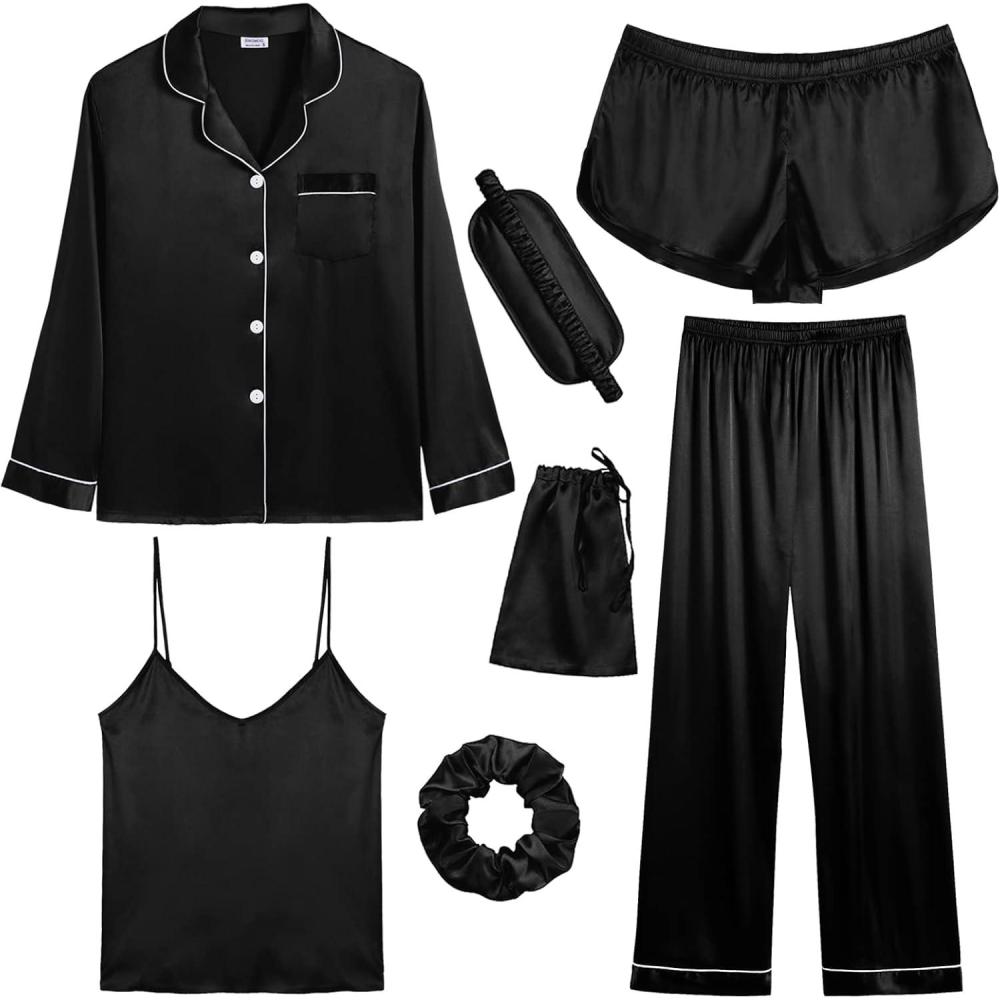 imageSWOMOG Women Satin Pajamas 4pcs Pajama Set Sexy Cami Shorts Set and Button Down Long Sleeve Pjs Loungewear SleepwearBlack